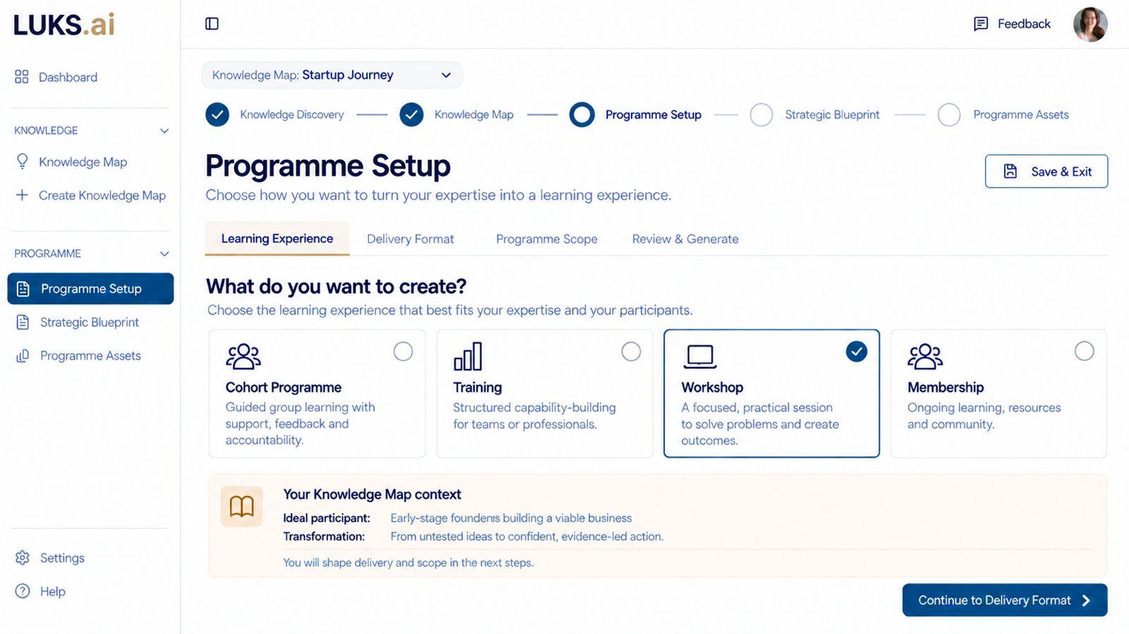 Luks.ai workspace showing programme setup and knowledge map progress